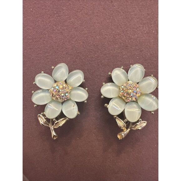 KRAMER Vintage Blue/AB Rhinestone Flower Clip On Earrings Signed - Picture 1 of 4